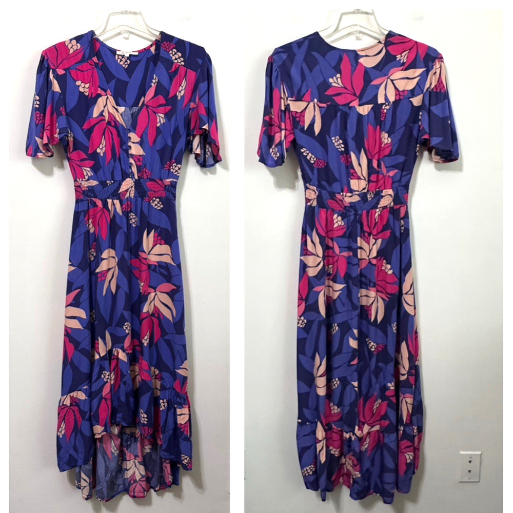 Abel The Label Dress S Midi Floral High‎ Low Smocked Waist Henley Party Summer
